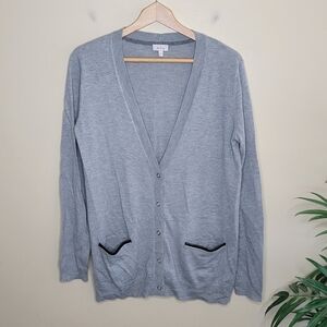 Pixley | Gray Snap Front Cardigan Sweater with Faux Leather Trim & Elbow Patches